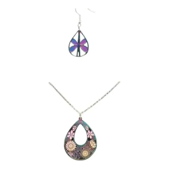 Iridescent Flower Earrings with Floral Teardrop Necklace Set - Picture 12 of 12